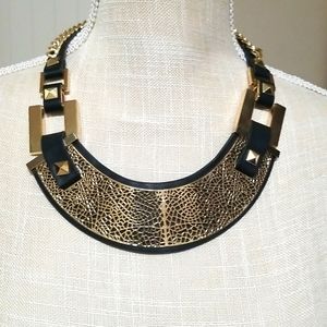 BCBG Gold and Black Faux-leather Filigree-plate Collar Necklace, barely worn